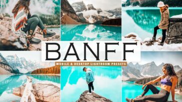 This image is a collage featuring six different photographs, each showcasing the stunning natural beauty of Banff National Park. The photos depict various landscapes within the park, including turquoise lakes, snow-capped mountains, and rugged terrain. In each photo, a person is positioned to emphasize the grandeur of the scenery, suggesting the presets enhance outdoor and travel photography. The central text "BANFF" is bold and prominent, indicating the theme or inspiration for the "Mobile & Desktop Lightroom Presets" offered, which are likely designed to replicate the vibrant, crisp, and awe-inspiring aesthetic captured in the images. This collection appears to be marketed towards photographers, travelers, and social media users looking to bring a professional and cohesive look to their photos with a single click.